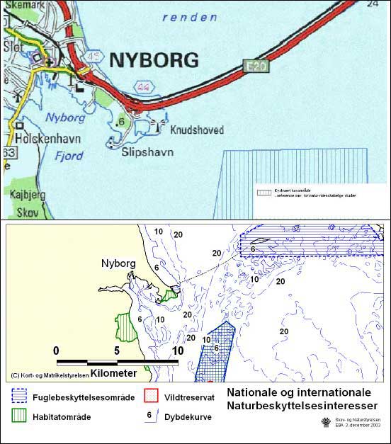 Figur 3.13 Regionplanskort, kort med naturbeskyttelsesinteresser samt søkort der angiver nødområde ved Nyborg