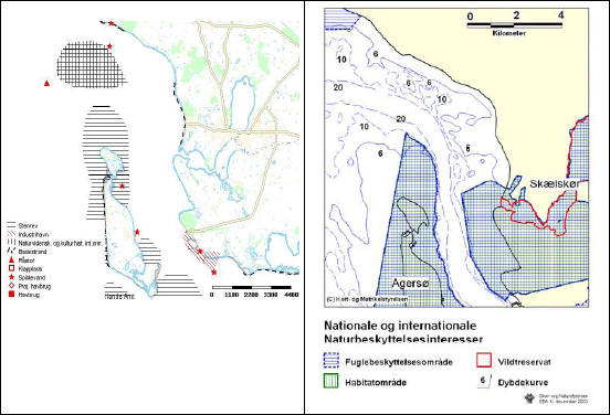 Figur 3.14 Regionplanskort, kort med naturbeskyttelsesinteresser samt søkort der angiver nødområde ved Lindeskov Flak