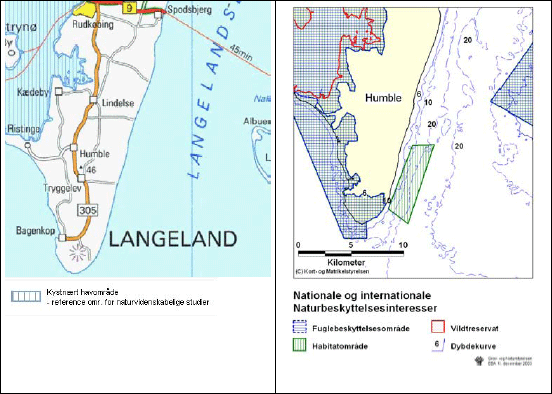 Figur 3.15 Regionplanskort, kort med naturbeskyttelsesinteresser samt søkort der angiver nødområde ved Langelandsbælt S fyr