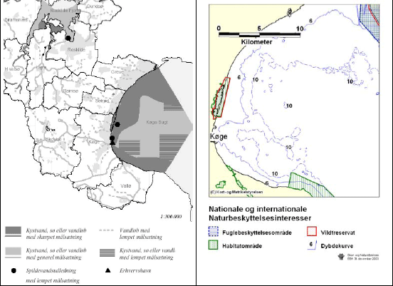 Figur 3.16 Regionplanskort, kort med naturbeskyttelsesinteresser samt søkort der angiver nødområde ved Køge Flak