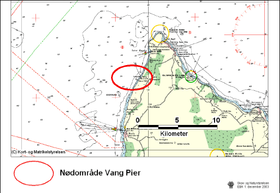 Figur 3.19 Regionplanskort, kort med naturbeskyttelsesinteresser samt søkort der angiver nødområde i Vang Pier