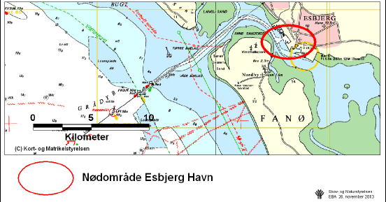 Figur 3.1 Regionplanskort, kort med naturbeskyttelsesinteresser samt søkort der angiver nødområde i Esbjerg Havn