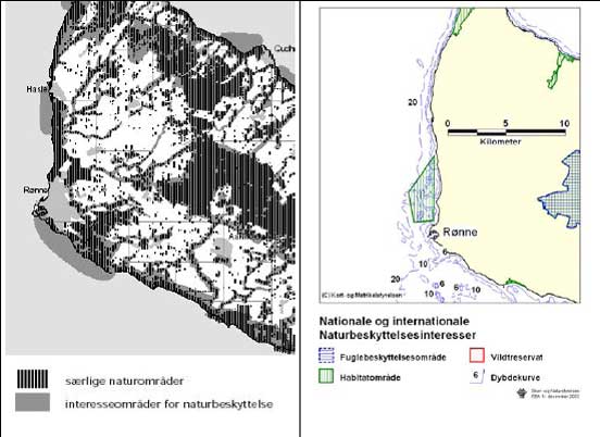 Figur 3.20 Regionplanskort, kort med naturbeskyttelsesinteresser samt søkort der angiver nødområde i Rønne Havn