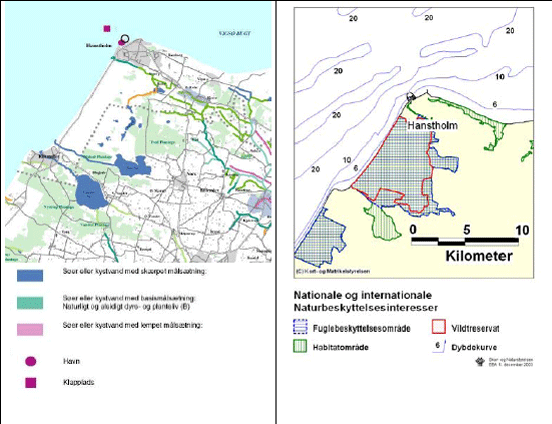 Figur 3.3 Regionplanskort, kort med naturbeskyttelsesinteresser samt søkort der angiver nødområde i Hanstholm Havn