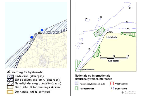 Figur 3.4 Regionplanskort, kort med naturbeskyttelsesinteresser samt søkort der angiver nødområde i Hirtshals Havn