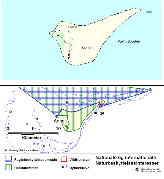 Figur 3.7 Regionplanskort, kort med naturbeskyttelsesinteresser samt søkort der angiver nødområde ved Anholt