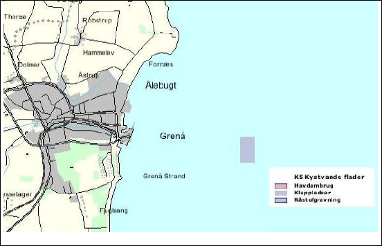 Figur 3.8 Regionplanskort, kort med naturbeskyttelsesinteresser samt søkort der angiver nødområde i Grenå Havn