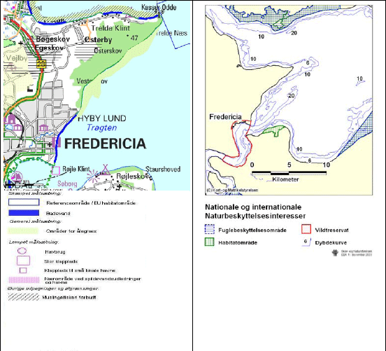 Figur 3.9 Regionplanskort, kort med naturbeskyttelsesinteresser samt søkort der angiver nødområde i Fredericia