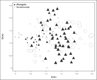 Figur 2.5. DCA analyse på arthropod-data for samtlige 156 prøver på sandjord. Størrelsen af symbolet angiver forekomsten af finsand i feltet (som havde den stærkeste korrelation med 1. aksen, se Tabel 2.12).