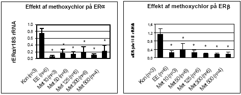 Figur 2.3.4. Effekt af methoxychlor på uterus ERα/β genekspression. Resultatet er gennemsnittet af det antal dyr, som er angivet i parentesen (n=) under de forskellige grupper. Kontrol: olie; EE: 100 μg/kg/dag ethinyløstradiol; Met 10: 10 mg/kg etc. for de andre grupper, hvor tallet angiver den totale orale dosis i mg/kg/dag. Alle eksponeringer var signifikant (p 0,05) forskellig fra kontrollen