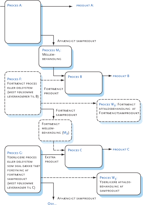 Figur 3.5 Systemudvidelse og -afgrænsning når de fortrængte processer har flere samprodukter