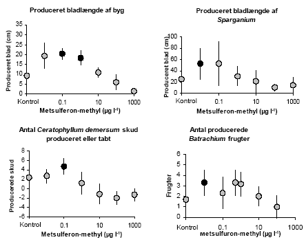 Figur 20. Forskellige eksempler på kurver, der udviser en hormetisk effekt. De markerede doseringer er signifikant højere end kontrollen (<em>En-sidet t-test</em>: <em>p</em> < 0,05). Byg blev, sammen med raps, dyrket med rødderne i akvarierne, for at kunne sammenligne de akvatiske planters følsomhed med mere kendte terrestriske (Cedergreen <em>et al.</em>, 2003a).