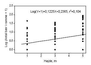 Figur 3.11. Bærmængdens fordeling over højden i tjørnehegn opgjort ved hjælp af optælling i rammer i kontroltræer på hegnets sprøjteside. Bemærk at et enkelt punkt kan repræsentere flere observationer, dette gælder specielt 0-observationer