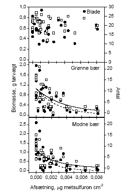 Figur 3.2 Forholdet mellem den målte afsætning af sprøjtemiddel i det enkelte hegn og antal eller biomasse af blade, blomster, grønne bær og modne bær efter en sommersprøjtning. De åbne symboler indikerer antallet af enheder af den givne målvariabel og de fyldte symboler viser biomassen af samme