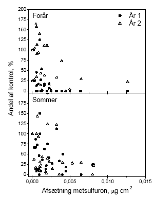 Figur 4.3 Sammenligning af den procentuelle effekt på bærmængden af metsulfuronsprøjtning i eksponeringsåret og året efter. Data benyttet er antallet af bær i sideskud i år 1 og antal bær i en ramme i år 2