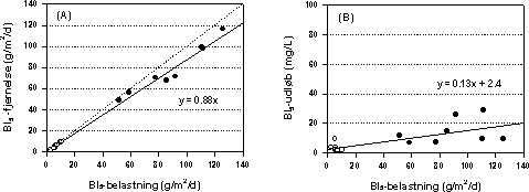 Figur 5.5 (A) Gennemsnitlig fjernelse af biokemisk iltforbrug (BI<SUB>5</SUB>) i de to beplantede filteranlæg, og (B) gennemsnitlig afløbskoncentration i de 8 målekampagner som funktion af arealbelastning. Fyldte symboler er data fra det første bed, og åbne symboler er data fra det andet bed. Den stiplede linie indikerer fuldstændig fjernelse.