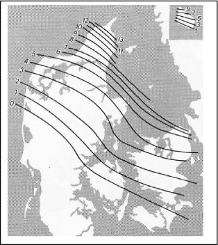 Figur 16.2 Den isostatiske landhævning i Danmark efter Littorinahavet (meter)