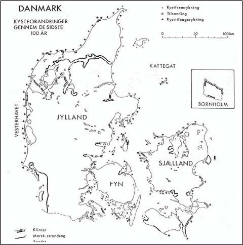 Figur 16.5 Kystforandringer i Danmark gennem de sidste 100 år