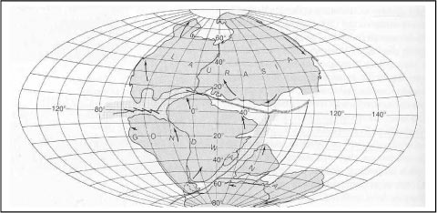 Figur 16.6 Et forslag til kontinenternes placering ved slutningen af Trias perioden for ca. 180 mio. år siden.