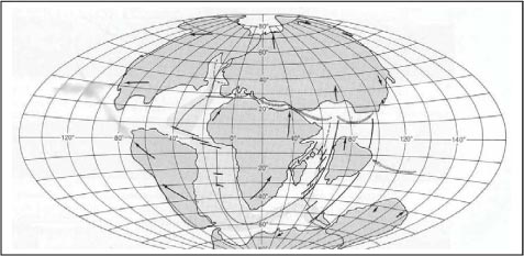 Figur 16.7 Et forslag til kontinenternes placering ved slutningen af Kridttiden for ca. 65 mio. år siden.