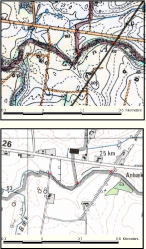 Figur 7.2. Voldby Bæk ved Anbæk på henholdsvis Generalstabskort fra ca. 1870 (øverst) og på nutidigt 4 cm topografisk kort (nederst). Indtegnet på figuren er tre stationer, hvor der den 24.7.2003 tilnærmet synkront blev målt vandføring. Den undersøgte vandløbsstrækning er afgrænset af de to yderste vandføringsstationer.