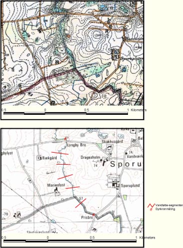 Figur 7.6. Gelbæk mellem Prisbro og Lyngby Bro på henholdsvis Generalstabskort fra ca. 1870 (øverst) og på nutidigt 4 cm topografsik kort (nederst). Indtegnet på figuren er to stationer, hvor der den 24.7.2003 tilnærmet synkront blev målt vandføring. Den undersøgte vandløbsstrækning er afgrænset af de to vandføringsstationer.