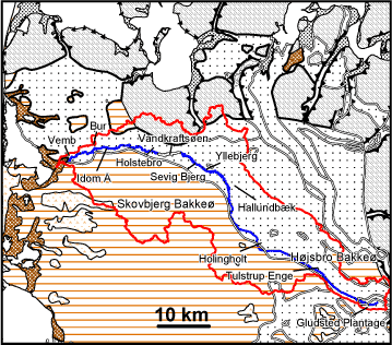 Figur 8.1. Udsnit af Landskabskort over Danmark (Smed, 1981 - digitaliseret af Rinkjøbing Amt). Den klassificerede del af Storå er vist med fed blå streg. Det topografiske opland er vist med fed rød streg.