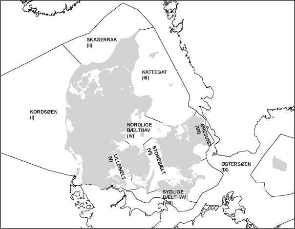 Figur 8.1 De ni danske farvandsområder, hvortil der bestemmes belastning