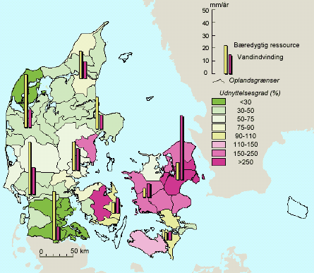Figur 1.1: Udnyttelsesgrader i 2002 for 48 underområder (faktisk oppumpning i % af vurderet bæredygtig ressource. Søjler viser udnyttelig ressource og faktisk vandindvinding i år 2002 akkumuleret for 10 deloplande/Henriksen og Sonnenborg, 2003/