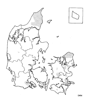 Figur 2.1 Problemområder for metan i Danmark, hvor indholdet nødvendiggør en behandling af råvandet (Vandforsyningsstatistik, 1992)