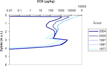 Figur A2. Modelleret indhold af dichlobenil sorberet til jorden under behandlet areal på lerlokalitet