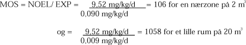 MOS = NOEL/ EXP = 9,52 mg/kg/d/0,090 mg/kg/d = 106 for en nærzone på 2 m³ og = 9,52 mg/kg/d/0,009 mg/kg/d = 1058 for et lille rum på 20 m³