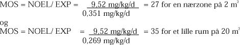 MOS = NOEL/ EXP = 9,52 mg/kg/d/0,351 mg/kg/d = 27 for en nærzone på 2 m³ og MOS = NOEL/ EXP = 9,52 mg/kg/d/0,269 mg/kg/d = 35 for et lille rum på 20 m³
