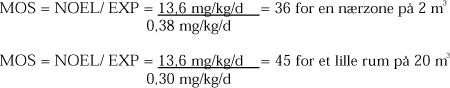 MOS = NOEL/ EXP = 13,6 mg/kg/d/0,38 mg/kg/d = 36 for en nærzone på 2 m³; MOS = NOEL/ EXP = 13,6 mg/kg/d/0,30 mg/kg/d = 45 for et lille rum på 20 m³