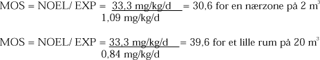 MOS = NOEL/ EXP = 33,3 mg/kg/d/1,09 mg/kg/d = 30,6 for en nærzone på 2 m³; MOS = NOEL/ EXP = 33,3 mg/kg/d/0,84 mg/kg/d = 39,6 for et lille rum på 20 m³
