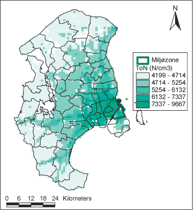 Figur 5-3 Bybaggrundsforureningen med ToN (N/cm³) i 2003 på 1x1 km² gitternet i Hovedstadsområdet. Den regionale forurening udgør 4.000 N/cm³ og trafikken bidrager med resten.