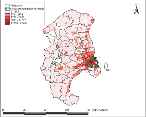 Figur 5-9 Befolkningstæthed i Hovedstadsområdet på 1x1 km² gitternet 