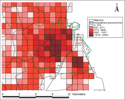 Figur 5-10 Befolkningstæthed indenfor og umiddelbart uden for miljøzone på 1x1 km² gitternet