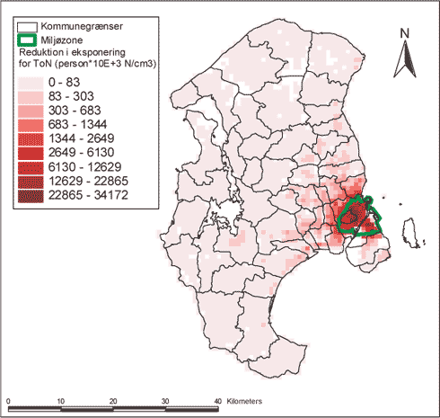 Figur 5-12 Reduktion i befolkningseksponering for ToN i 2003 som følge af partikelfiltre på tunge køretøjer i miljøzonen visualiseret på 1x1 km² gitternet i Hovedstadsområdet. Befolkningseksponering er ændring i koncentrationen gange befolkningstætheden.