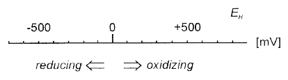 Figur 2.1 Typisk forekommende redoxpotentialer [mV] i naturlige systemer med neutrale pH-værdier. Positive redoxpotentialer (op til omkring +800 mV ) tyder på tilstedeværelse af stærke oxidanter, mens negative værdier tyder på tilstedeværelse af stærke reduktanter (modificeret efter Sigg, 2000)