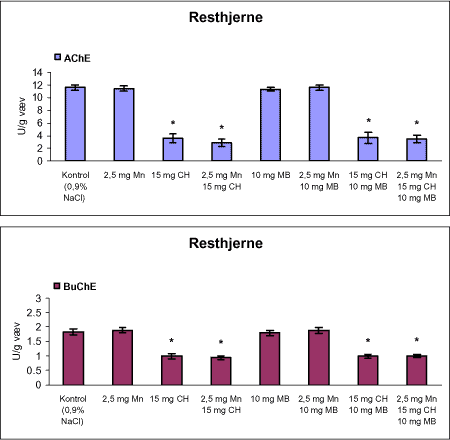 Figur 40. Enzymaktiviteten af acetylcholinesterase (AChE) og butyrylcholinesterase (BuChE)) i resthjerne fra rotter doseret intraperitonealt dagligt i 12 uger med vehikel (kontrol, 0,9% NaCl), intraperitonealt dagligt med manganklorid (Mn) i 12 uger, subkutant 1 gang om ugen i 12 uger med chlorpyrifos (CH), intraperitonealt 1 gang om ugen i 12 uger med maneb (MB) eller med kombinationer heraf i 12 uger.