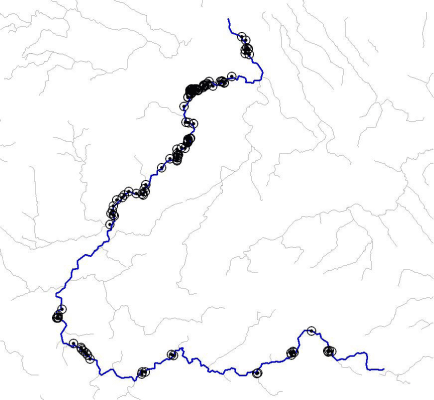 Figur 2.19. Placeringen af boringer i en afstand på mindre end 150 m fra Sallinge Å og Odense Å