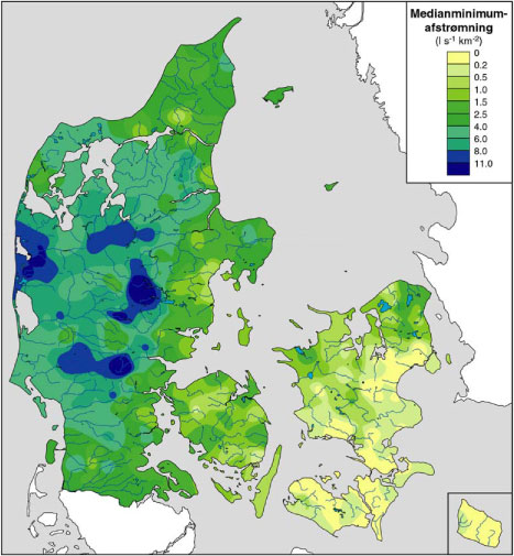 Figur 3.13. Medianminimum afstrømning i Danmark (Ovesen et al., 2000).