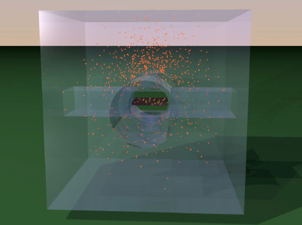 Figur 10. Computervisualisering af simulering af neutrontransport og –reaktioner