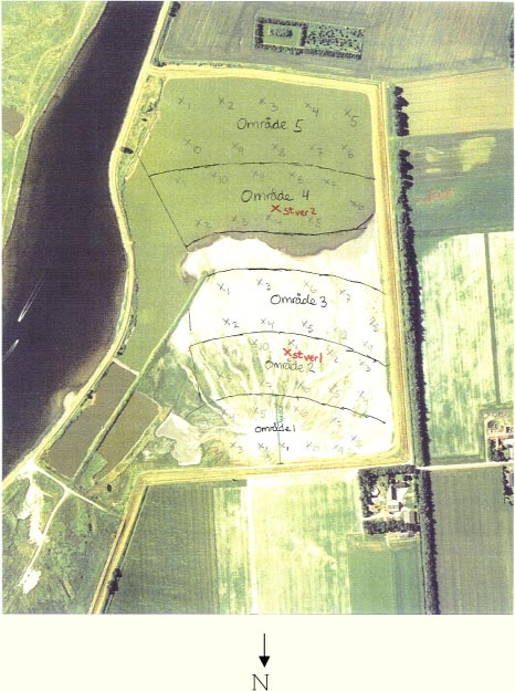 Figur 1. Spulefeltet ved Odense Havn. Arealet er opdelt i fem områder med henblik på at karakterisere fordelingen af organotin-forbindelser i spulefeltet. Stationerne for vertikale prøvetagninger er angivet som stver