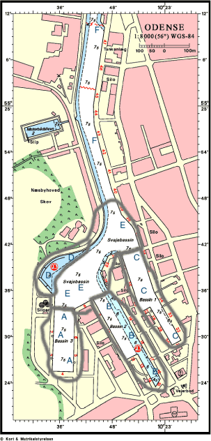Figur 5.3. Odense Havn. De indtegnede linjer stratificerer havnen i bassin 1-3, lystbåde havn og svajerbassin, samt indløbet. Forslag til stationer i de enkelte områder er markeret med bogstaver A-F