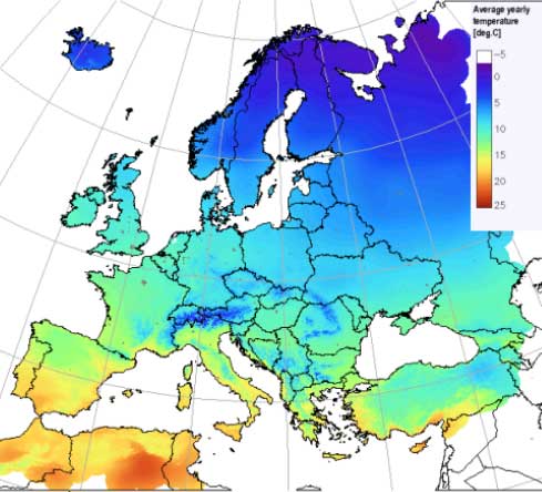 Figur 3-1 Årlig gennemsnitstemperatur for hele Europa. (Kilde: Institute for Environment and Sustainability. European Commission, Joint Research Centre