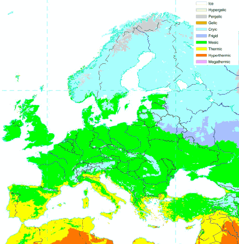 Figur 3-2 Jordtemperaturklasser i Europa. (Kilde: United States Dept. of Agricul-ture, Natural Resources Conservation Service