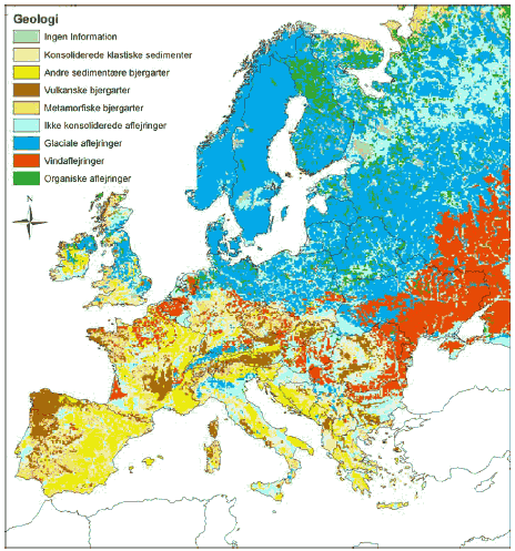 Figur 4-1 Geologiske forhold i Europa. (Kilde: The Soil Portal http://eusoils.jrc.it, Soil & Waste Unit (Institute of Environment and Sustainability of the European Commission))