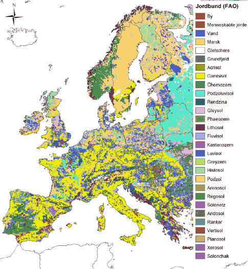 Figur 4-2 Jordtypefordelingen i Europa. (Kilde: The Soil Portal http://eusoils.jrc.it ), Soil & Waste Unit (Institute of Environment and Sustainability of the European Commission))